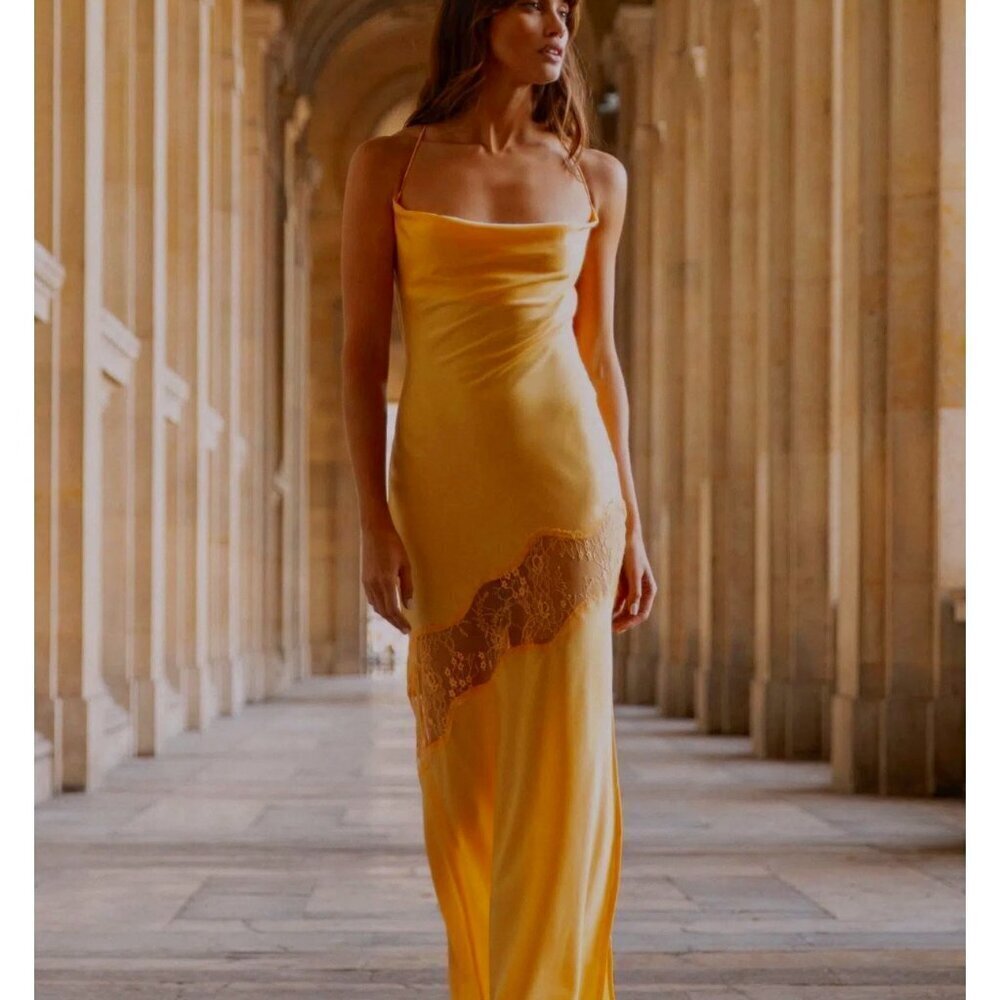 Meshki Chandra Lace Detail Satin Maxi Dress Lemon Size XXL Event Formal Wedding
